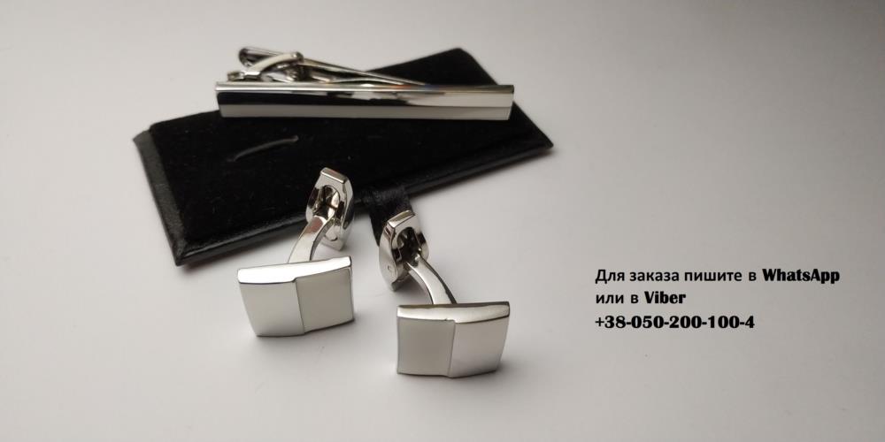 Запонки с зажимом для галстука  серебро с белым цветом Коробочка для запонок в комплекте - изображениe 2