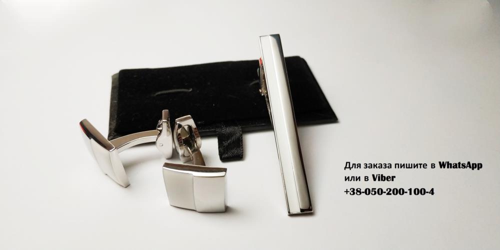 Запонки с зажимом для галстука  серебро с белым цветом Коробочка для запонок в комплекте - изображениe 1