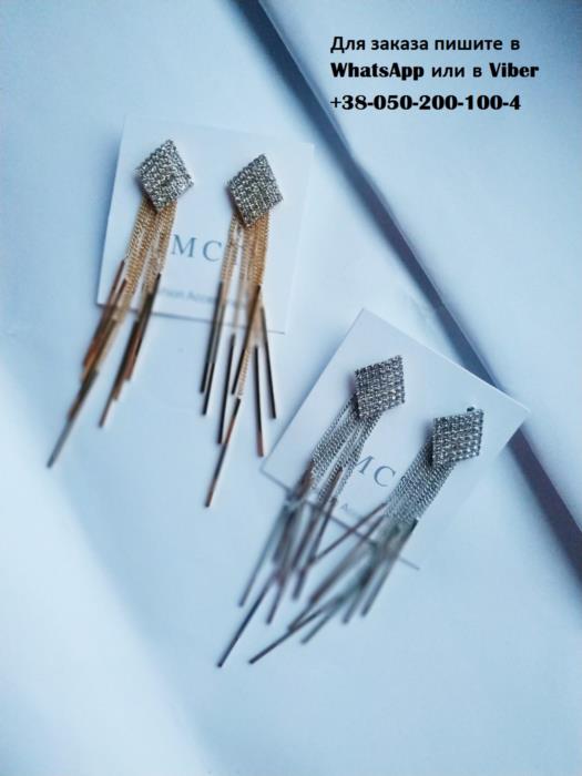 Серьги длинные Треугольные с камнями серебристые серьги сережки  - изображениe 2