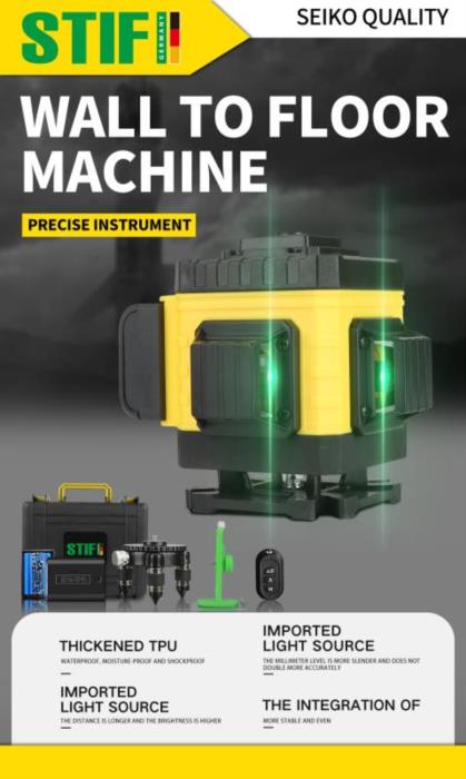 3D Лазерный уровень 12 линий STIF Germany Зеленый луч Нивелир  штатив - изображениe 5