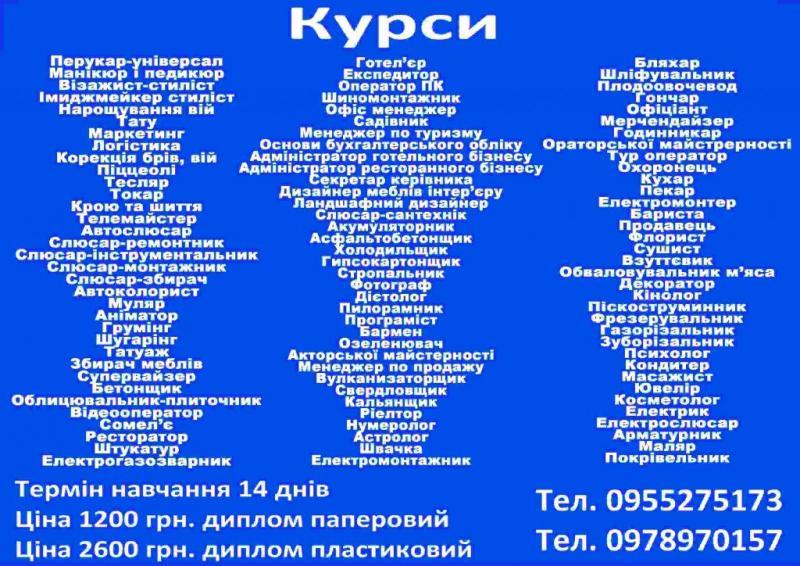 Курси кухар перукар зварник муляр тесляр масажист кінолог бармен дітолог