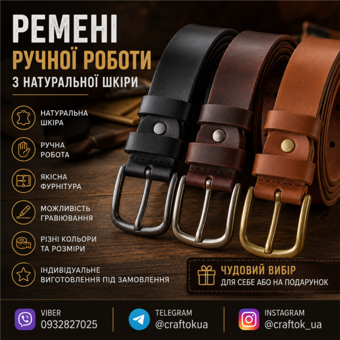 Ремені ручної роботи з натуральної шкіри